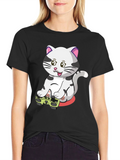 Gamer Cat Graphic Tee - Black Cotton T-Shirt