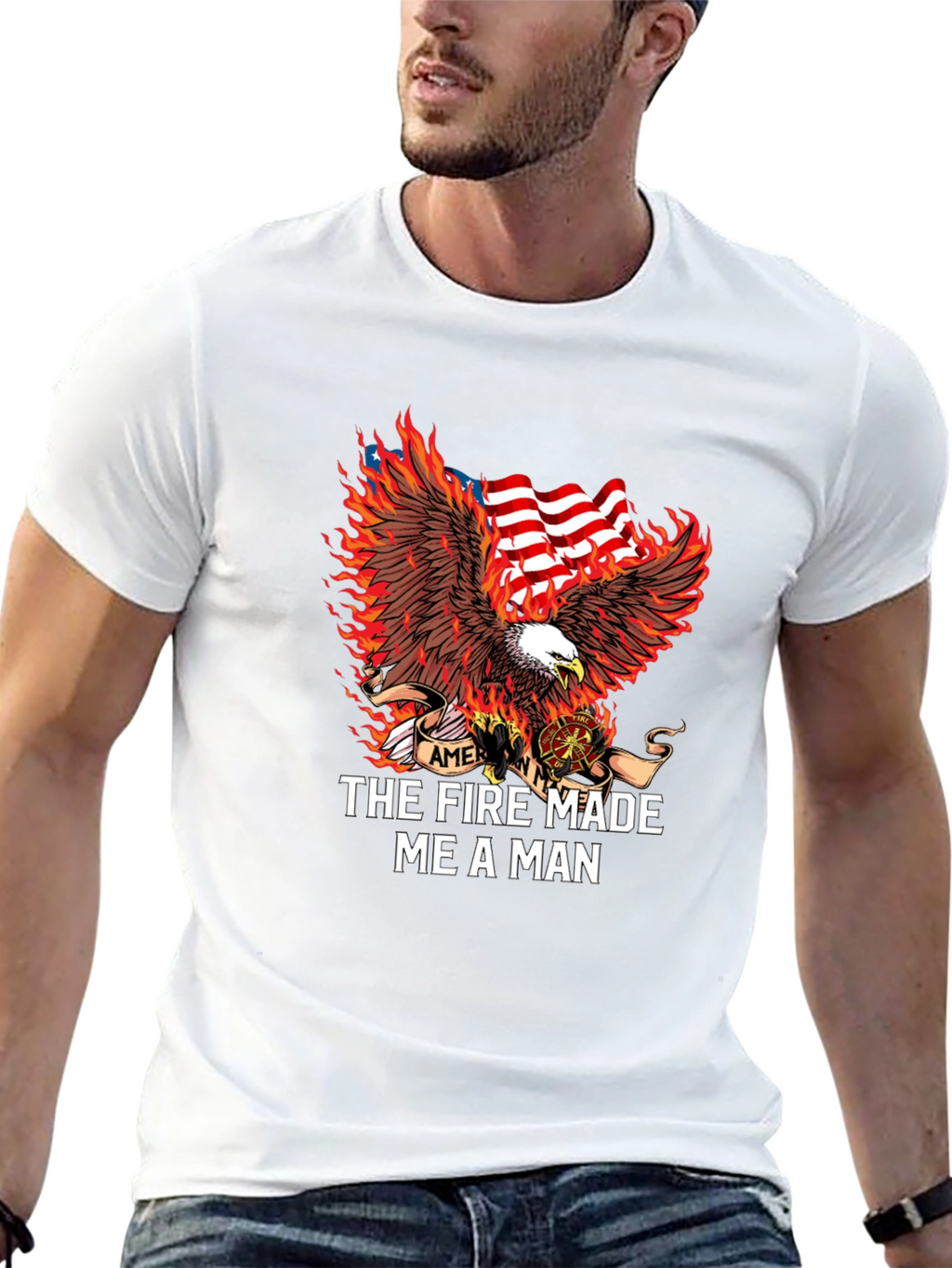 Firefighter Eagle American Flag Graphic T-Shirt