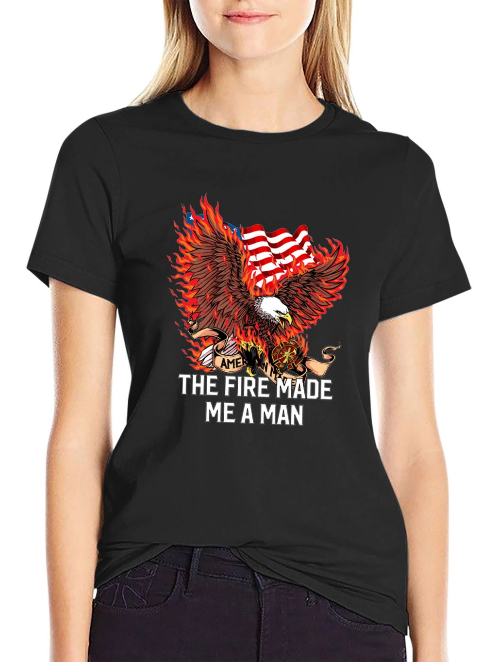 Firefighter Eagle American Flag Graphic T-Shirt