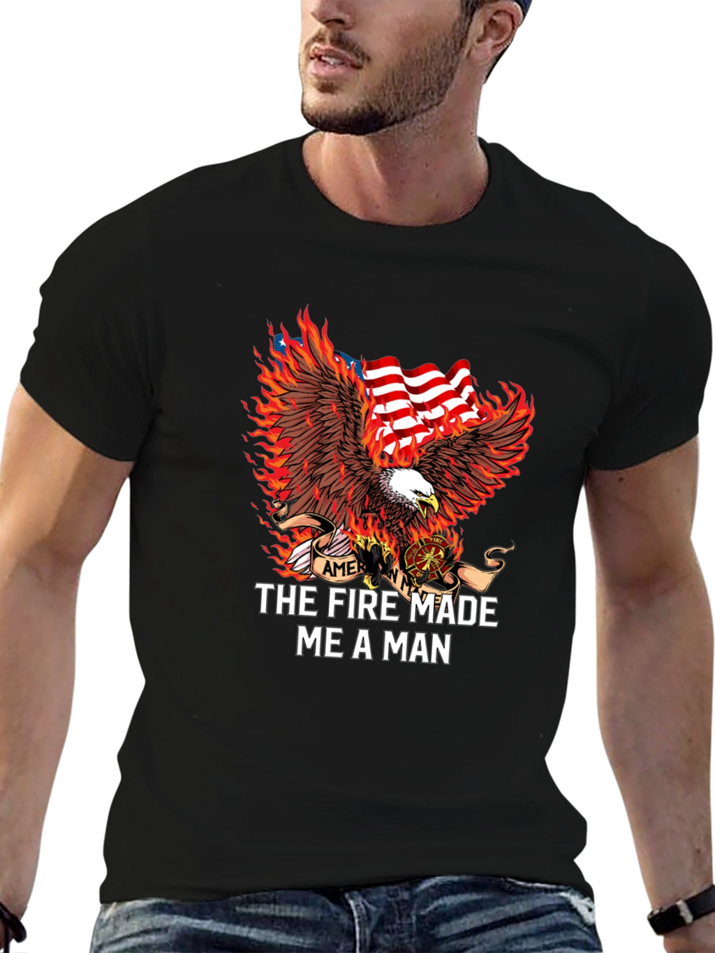 Firefighter Eagle American Flag Graphic T-Shirt