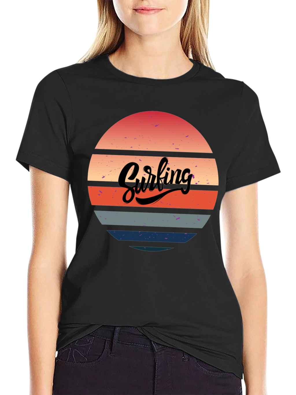 Retro Surfing Sunset Graphic Tee - Black