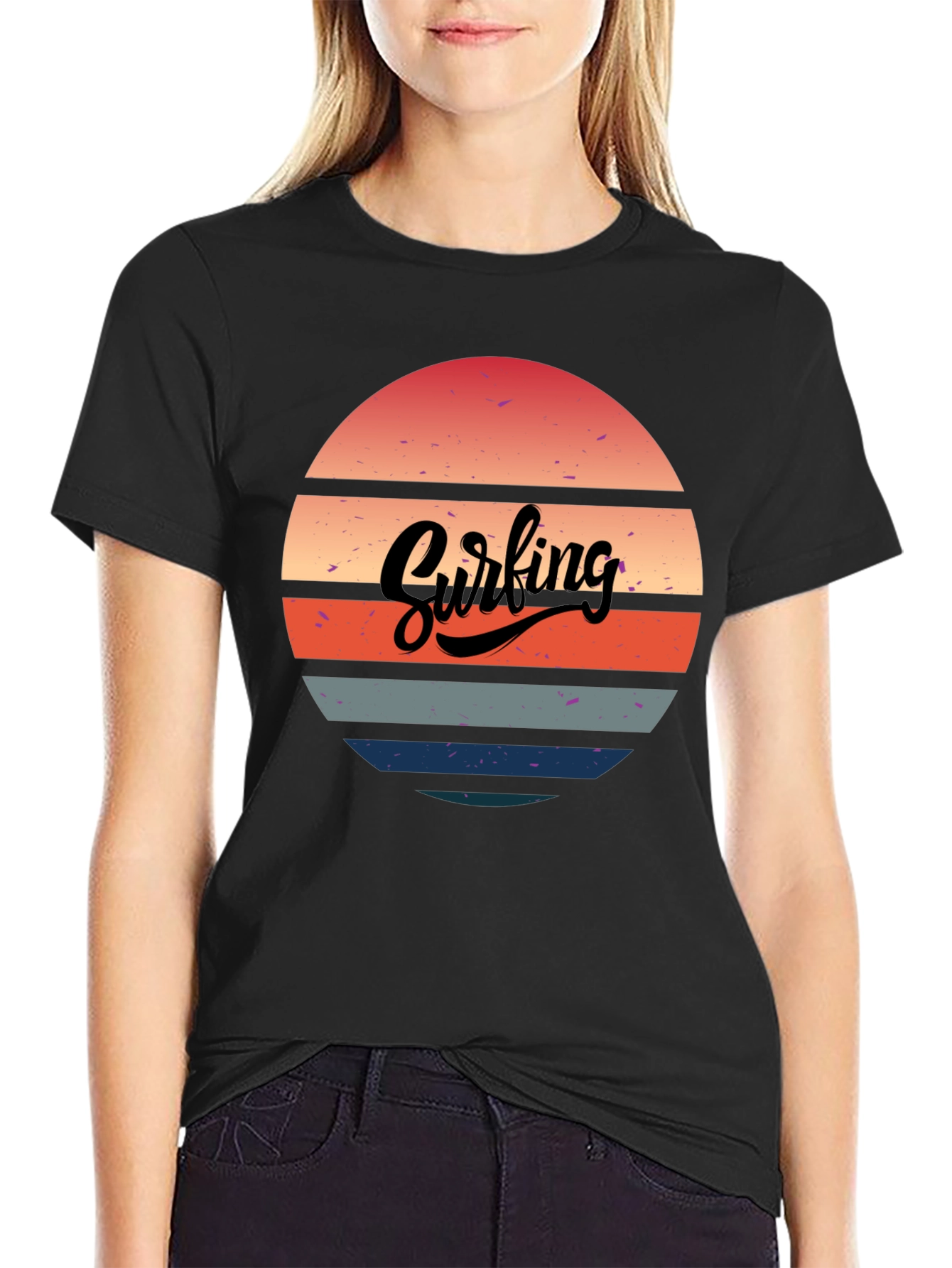 Retro Surfing Sunset Graphic Tee - Black