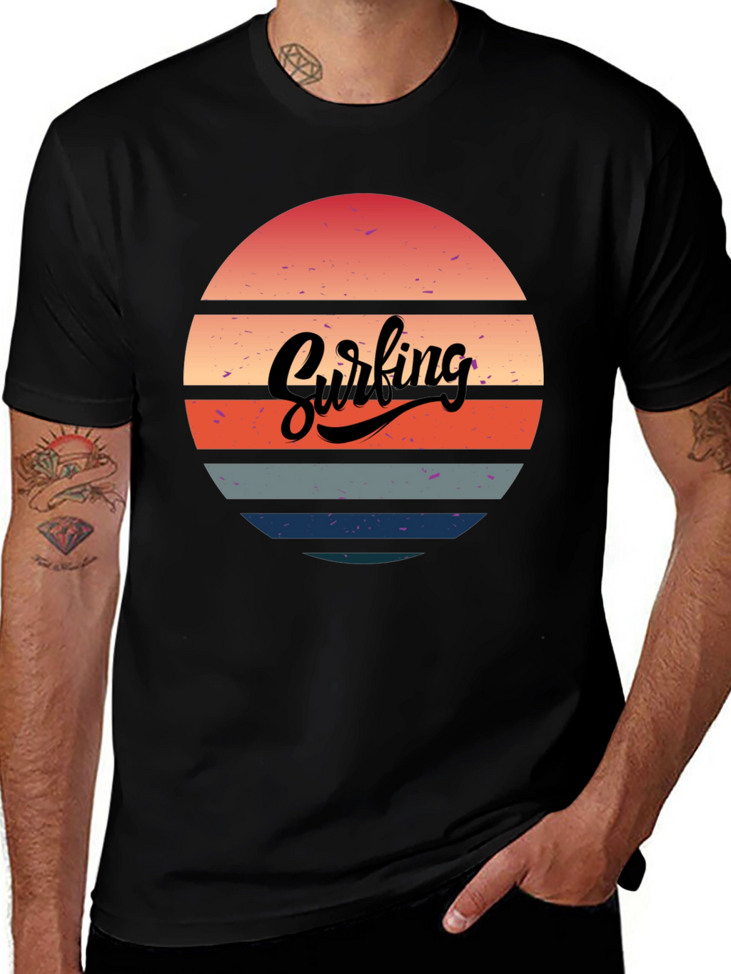 Retro Surfing Sunset Graphic Tee - Black