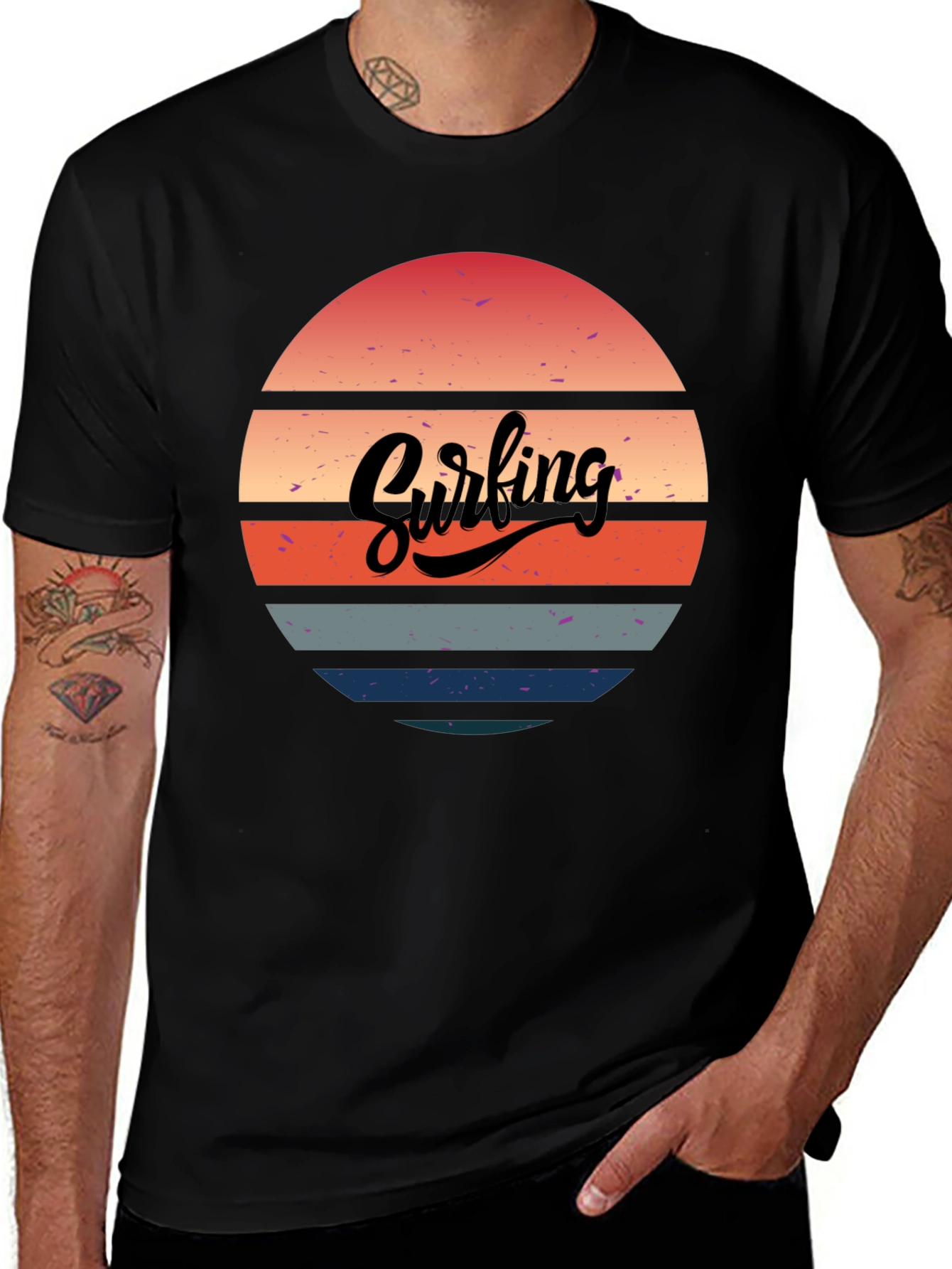 Retro Surfing Sunset Graphic Tee - Black