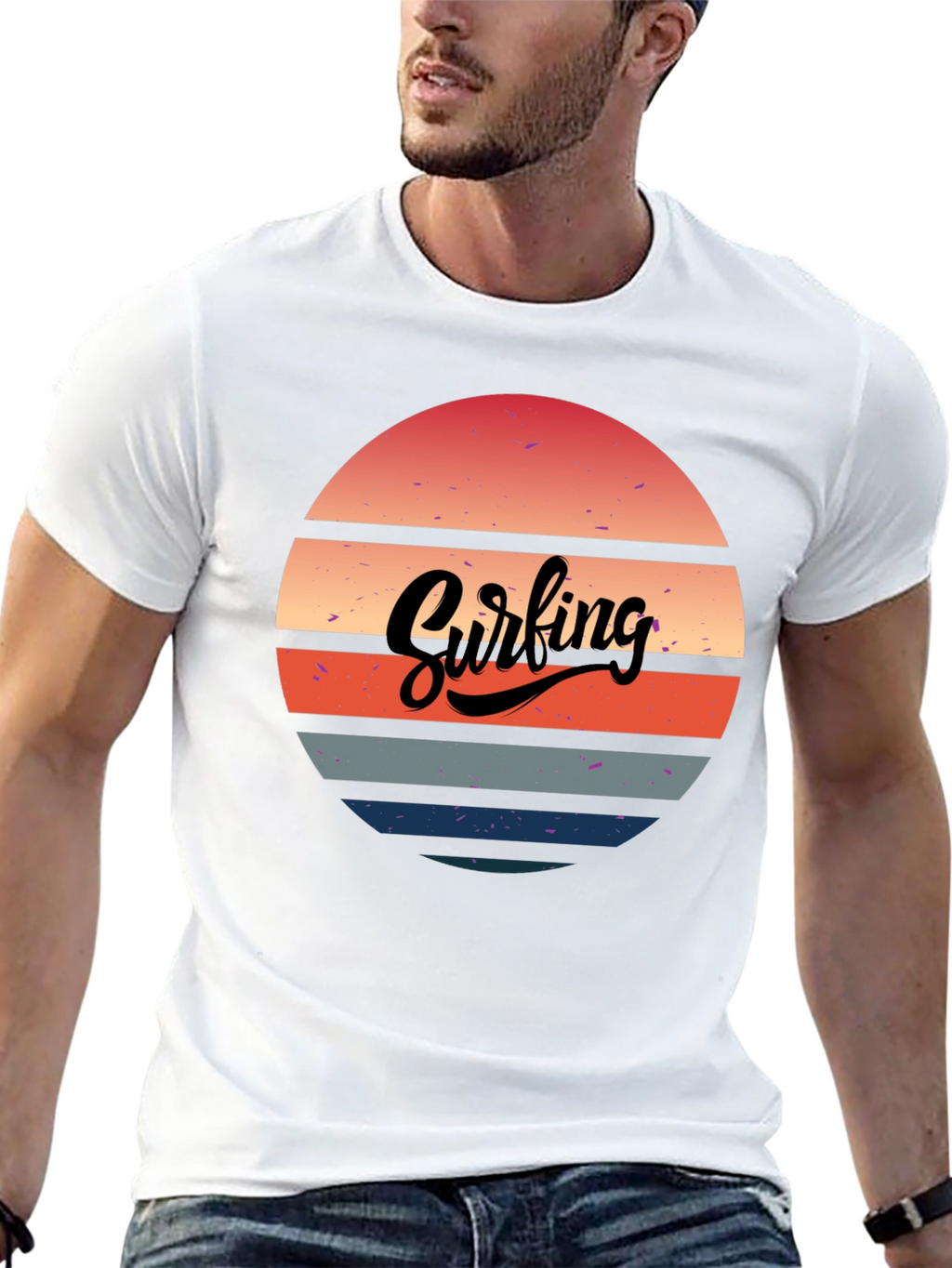Retro Surfing Sunset Graphic Tee - Black