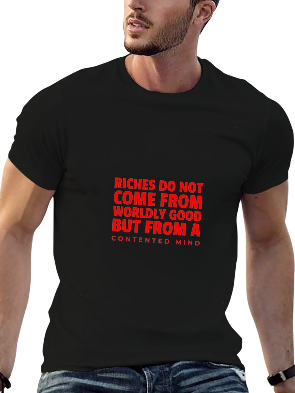Contented Mind T-Shirt: Black Tee with Bold Quote