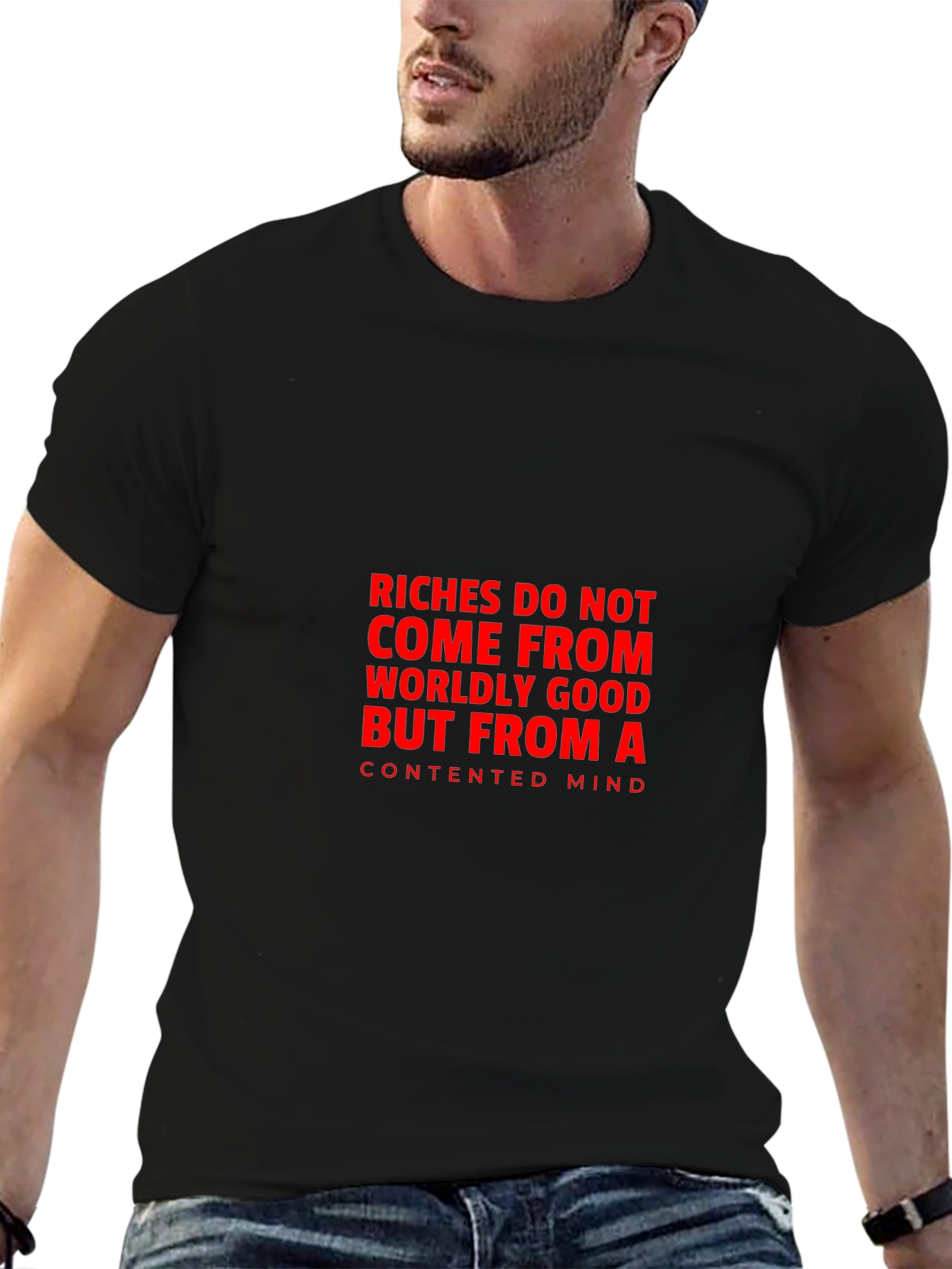 Contented Mind T-Shirt: Black Tee with Bold Quote