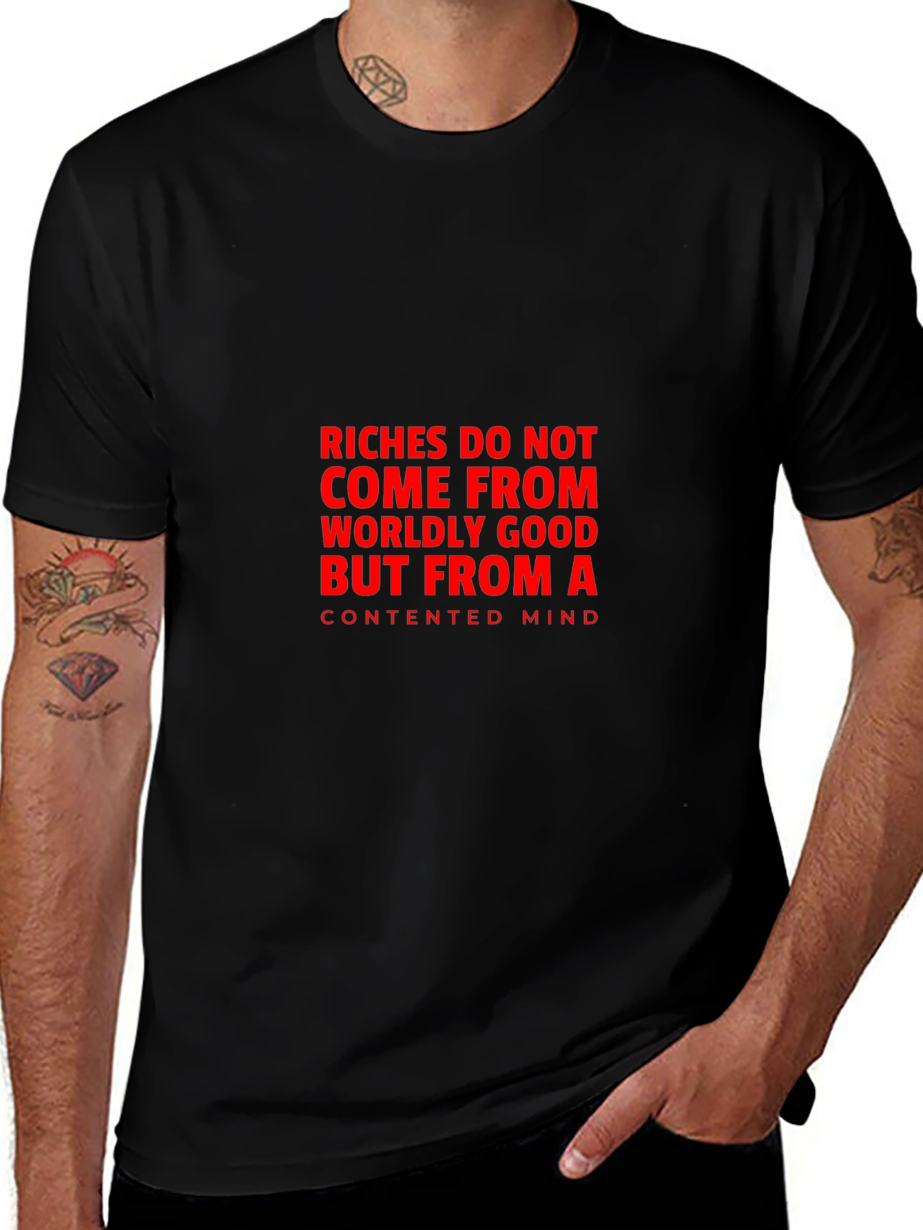 Contented Mind T-Shirt: Black Tee with Bold Quote