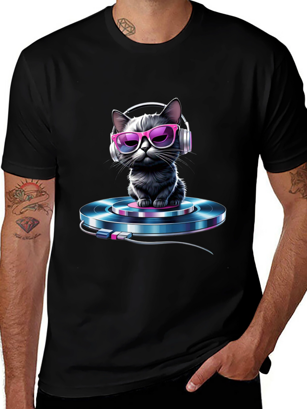 Cool Cat DJ T-Shirt - Black Graphic Tee