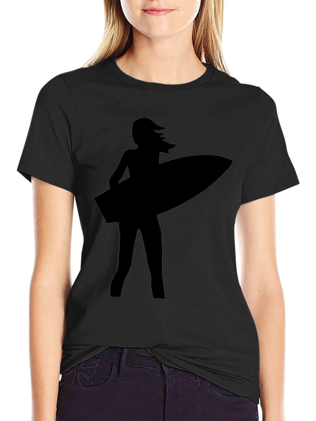 Surfer Girl Silhouette Black T-Shirt