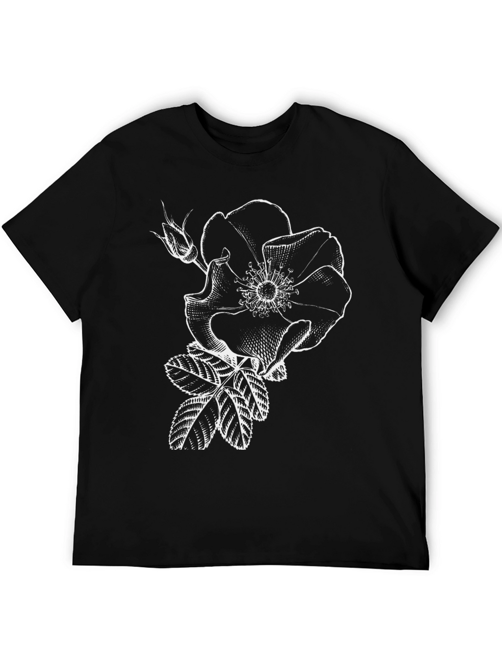 Black T-Shirt with White Rose Graphic