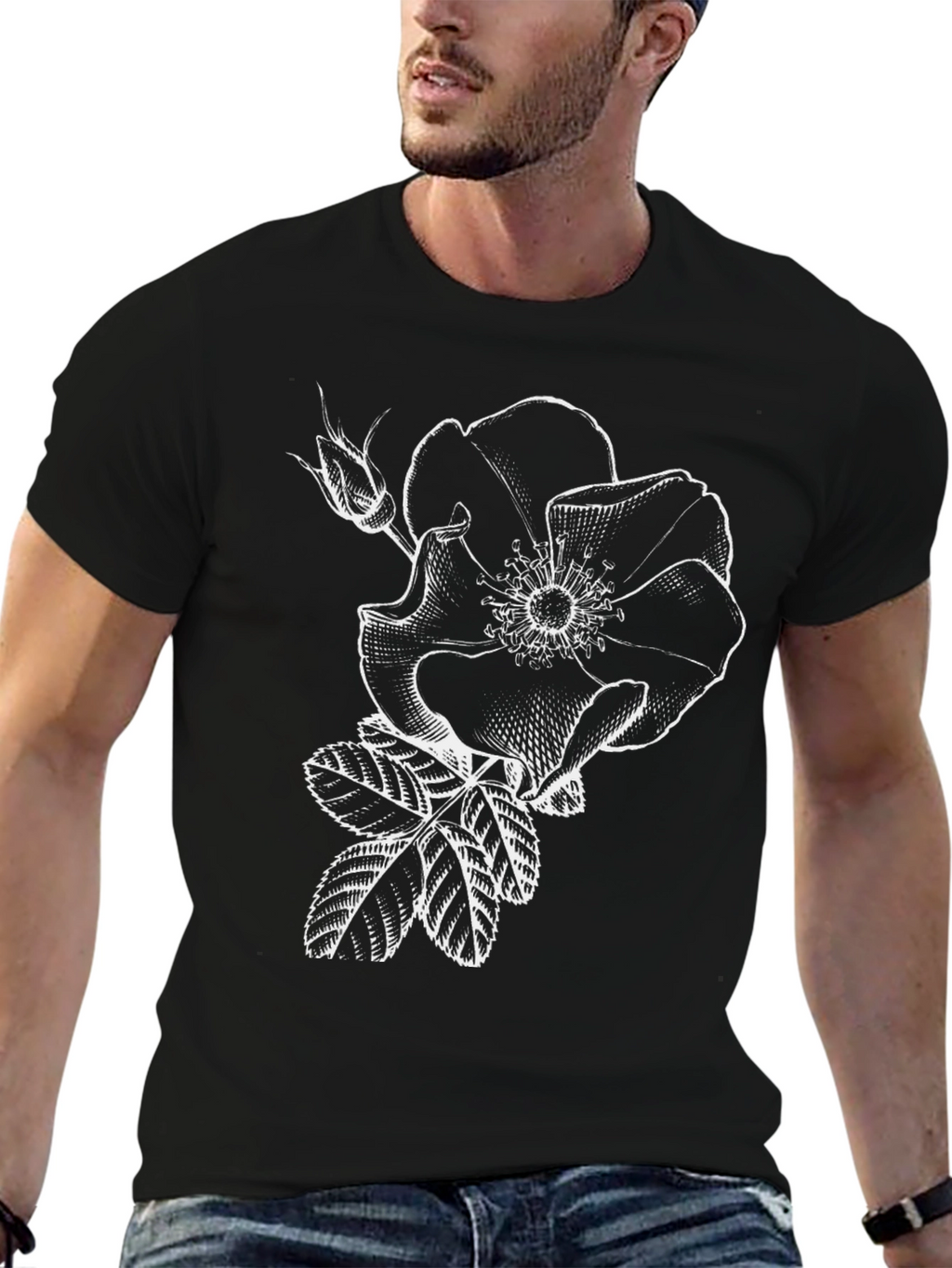 Black T-Shirt with White Rose Graphic