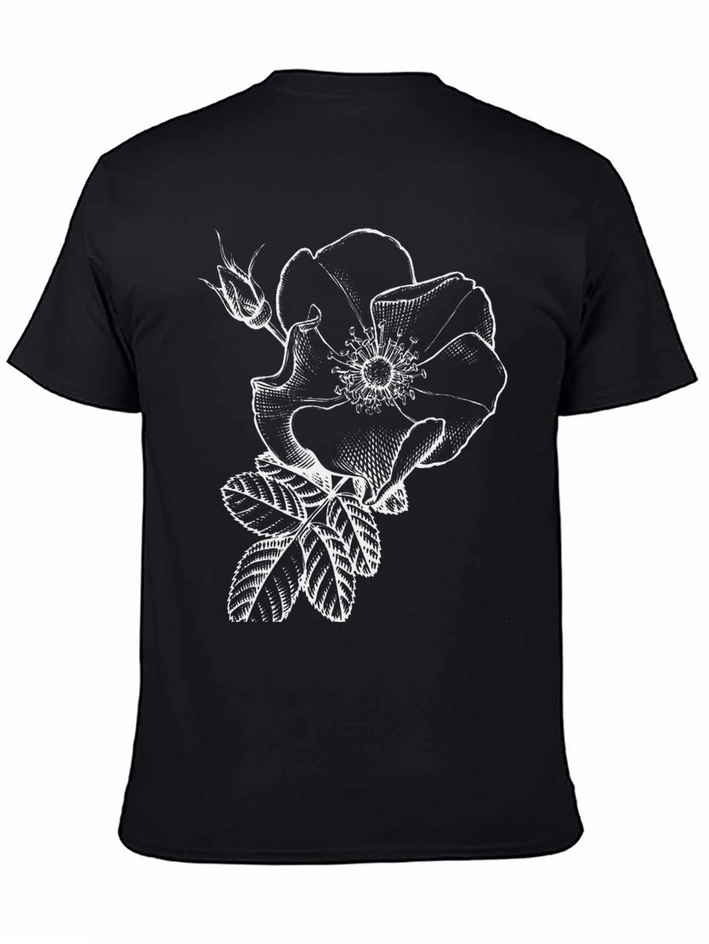 Black T-Shirt with White Rose Graphic