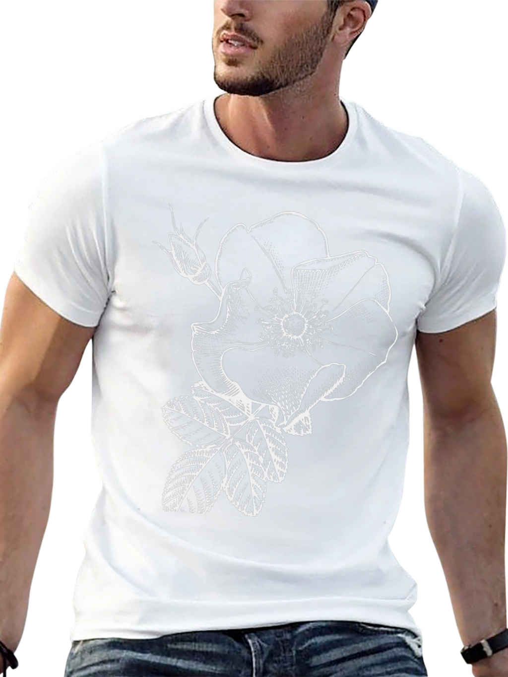Black T-Shirt with White Rose Graphic