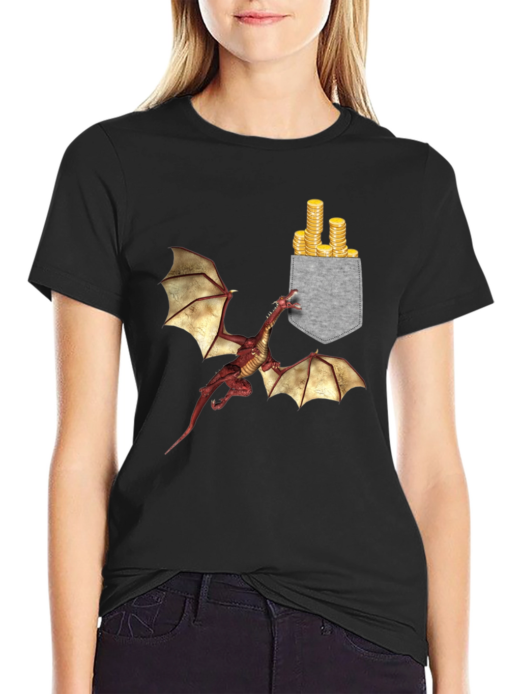 Dragon & Gold Coins Pocket Print T-Shirt