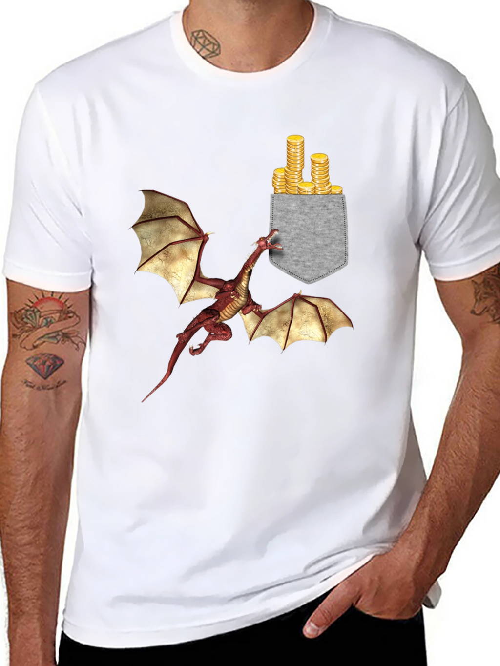 Dragon & Gold Coins Pocket Print T-Shirt
