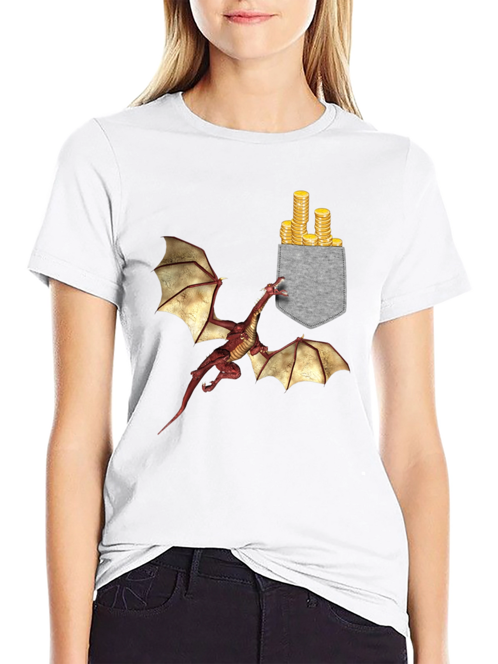 Dragon & Gold Coins Pocket Print T-Shirt