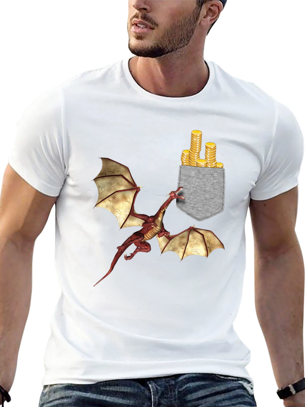 Dragon & Gold Coins Pocket Print T-Shirt