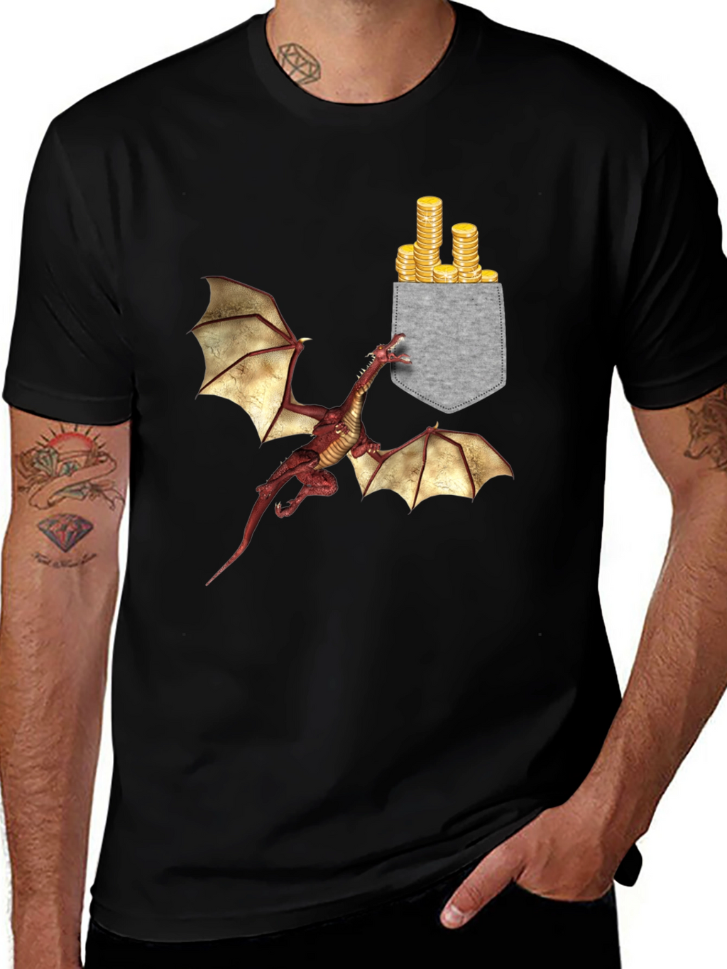 Dragon & Gold Coins Pocket Print T-Shirt