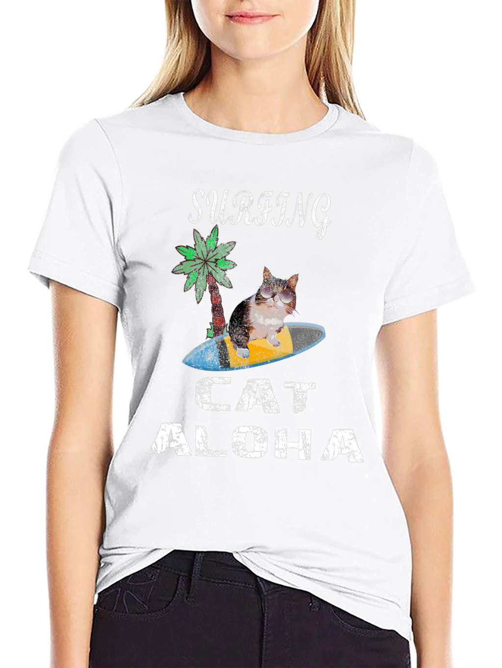 Surfing Cat Aloha T-Shirt - Black Tee