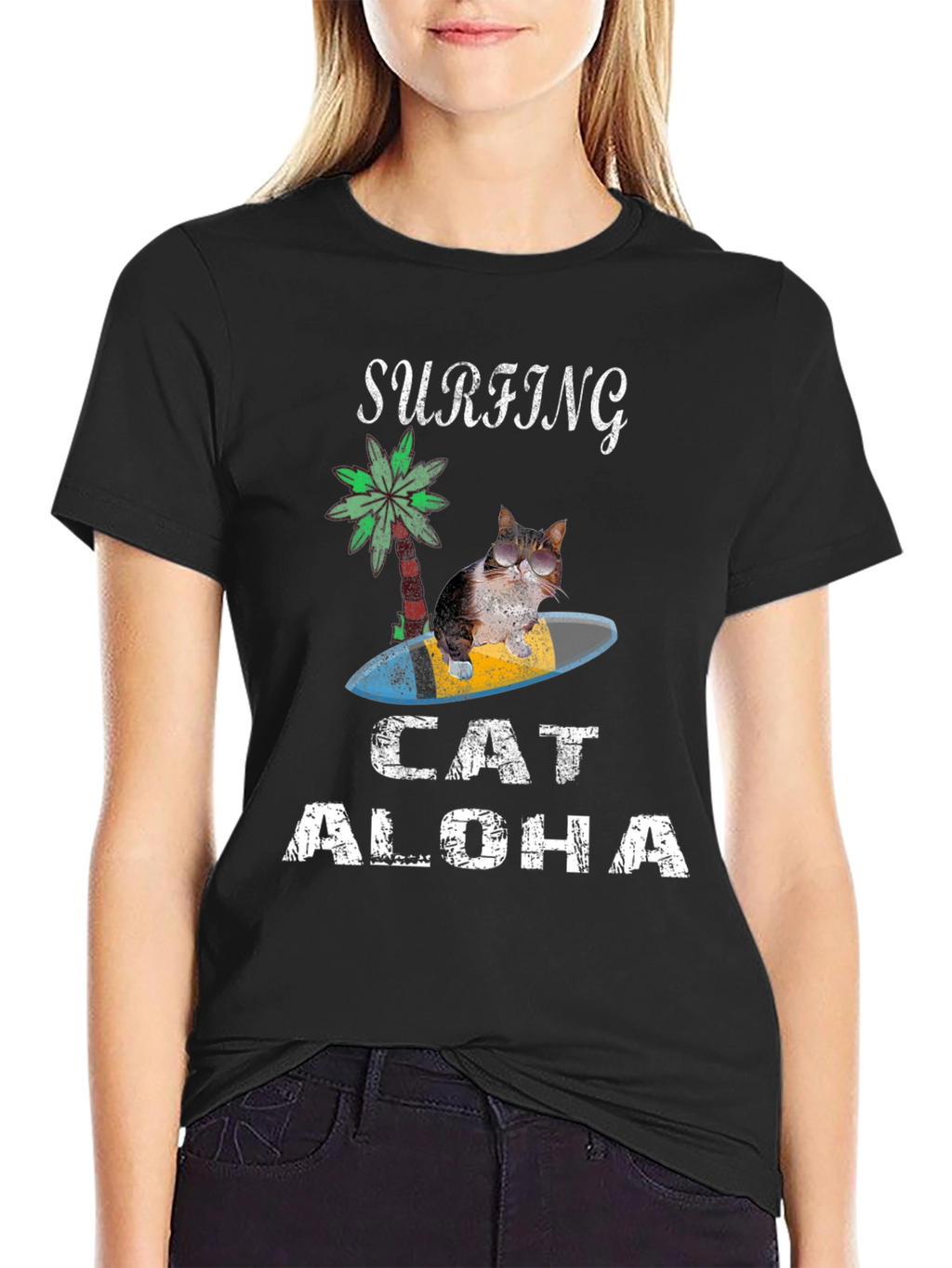 Surfing Cat Aloha T-Shirt - Black Tee