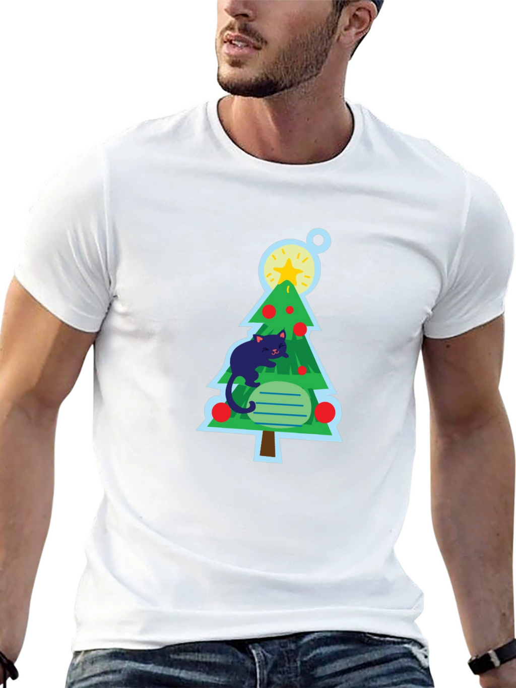 Cat Christmas Tree Black T-Shirt