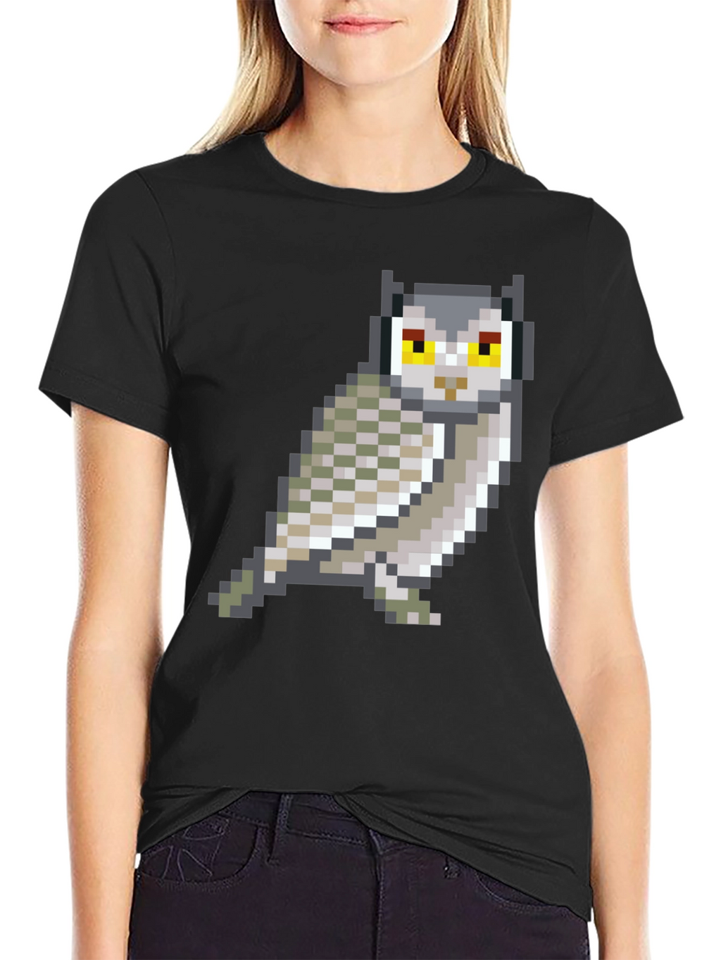 Pixel Art Owl Graphic Black T-Shirt