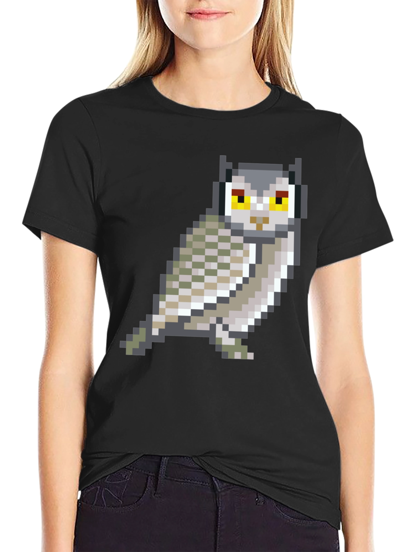 Pixel Art Owl Graphic Black T-Shirt