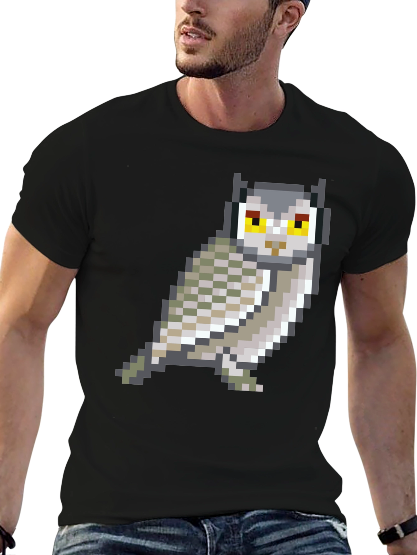 Pixel Art Owl Graphic Black T-Shirt
