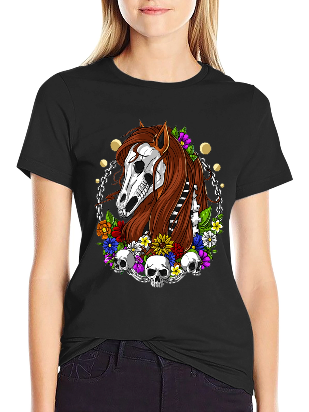 Floral Horse Skeleton Graphic T-Shirt - Black