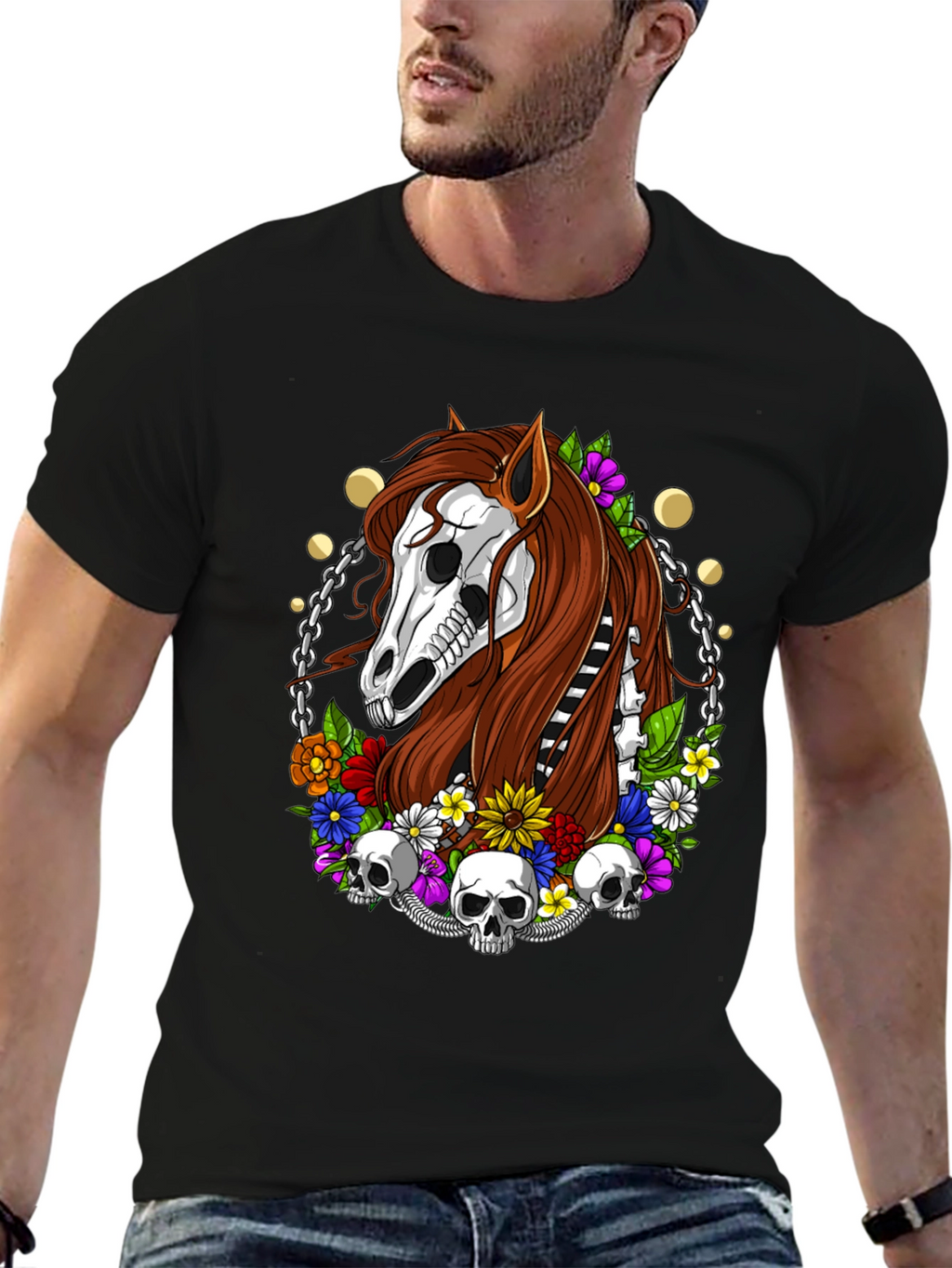 Floral Horse Skeleton Graphic T-Shirt - Black