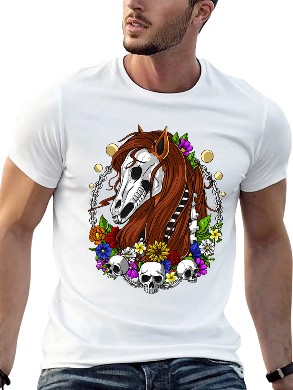 Floral Horse Skeleton Graphic T-Shirt - Black