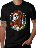 Floral Horse Skeleton Graphic T-Shirt - Black
