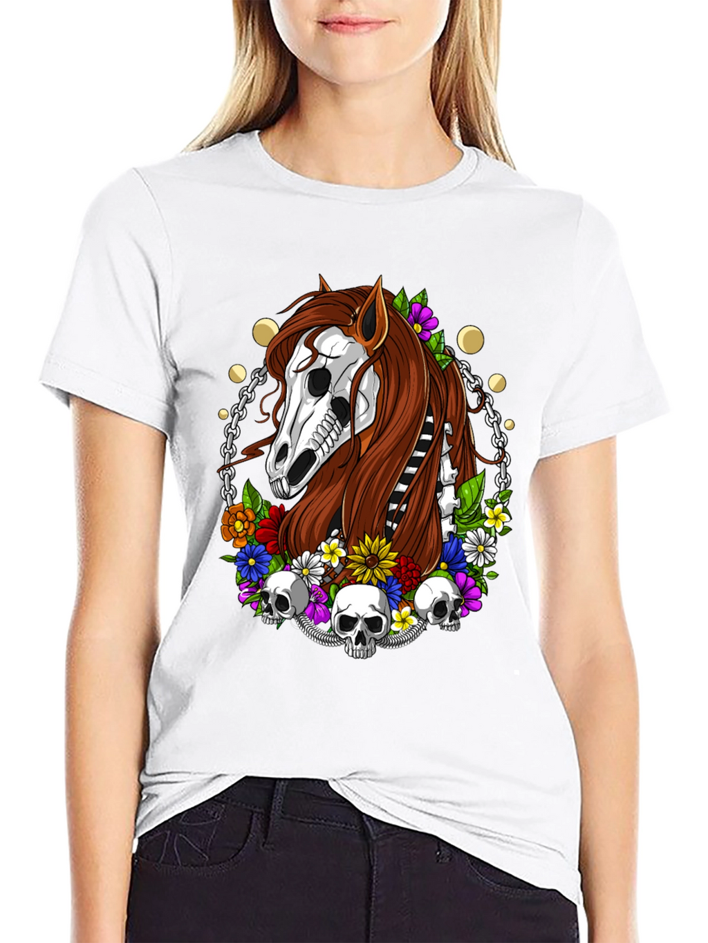 Floral Horse Skeleton Graphic T-Shirt - Black