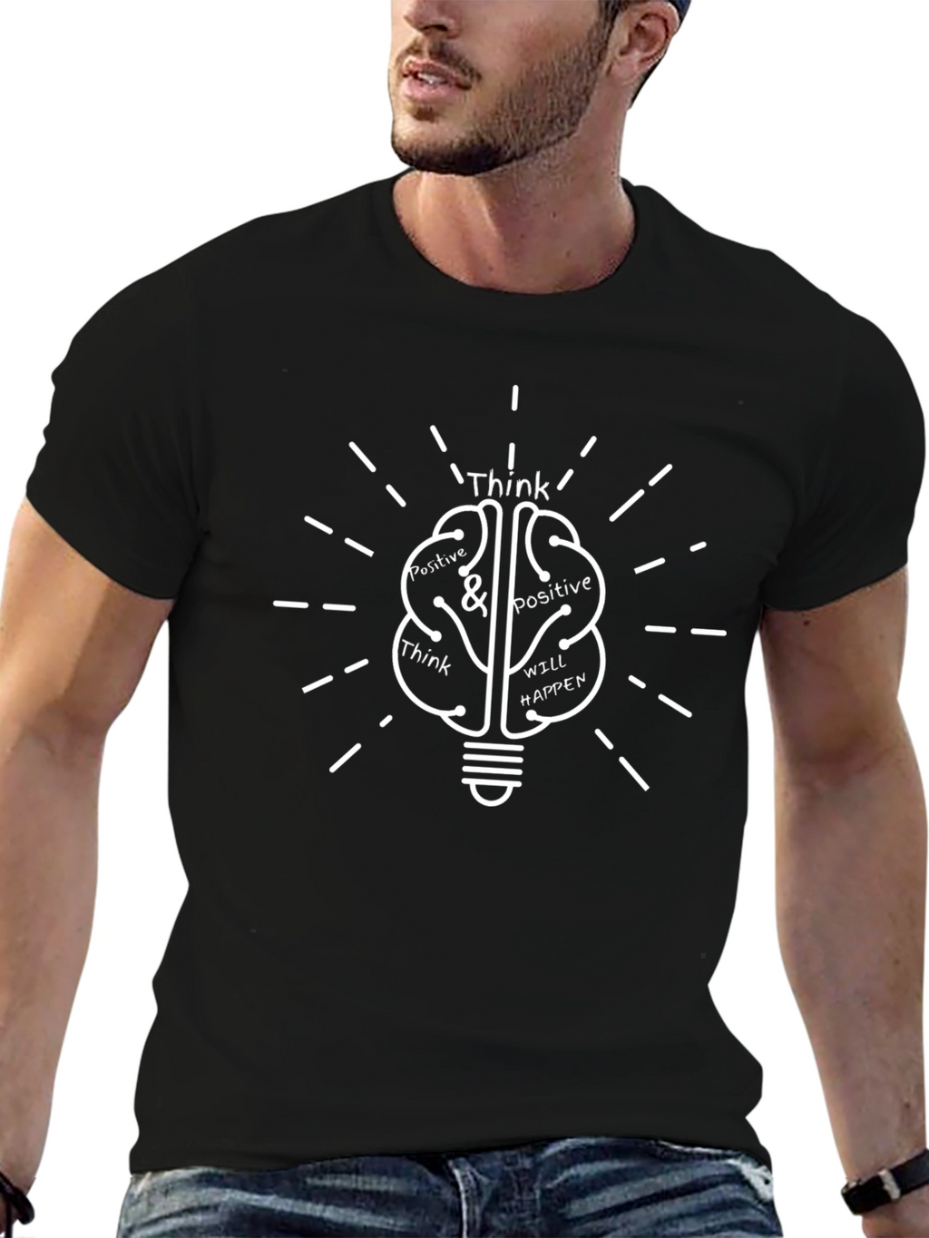 Think Positive Graphic Tee - Brain Lightbulb Design