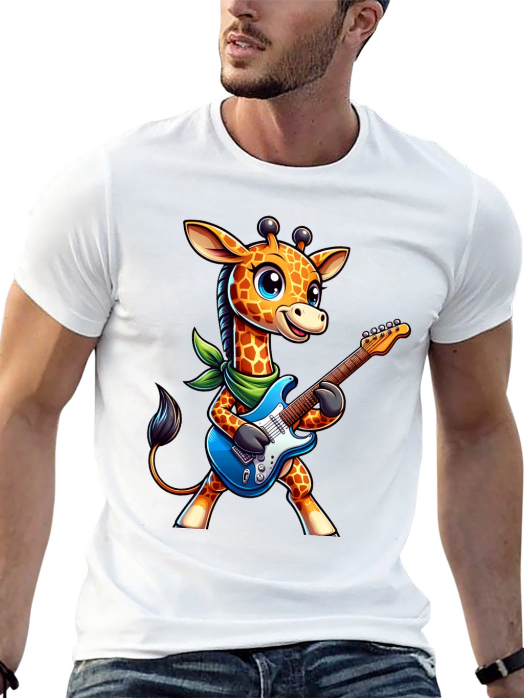 Giraffe Guitarist Tee - Cartoon Animal Rock Star Shirt