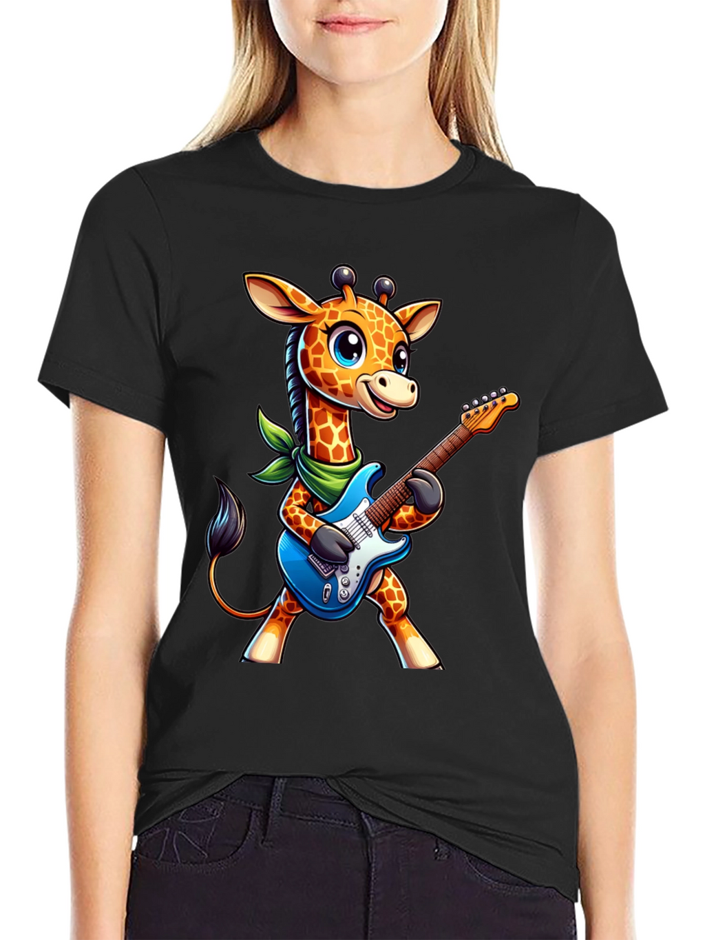 Giraffe Guitarist Tee - Cartoon Animal Rock Star Shirt