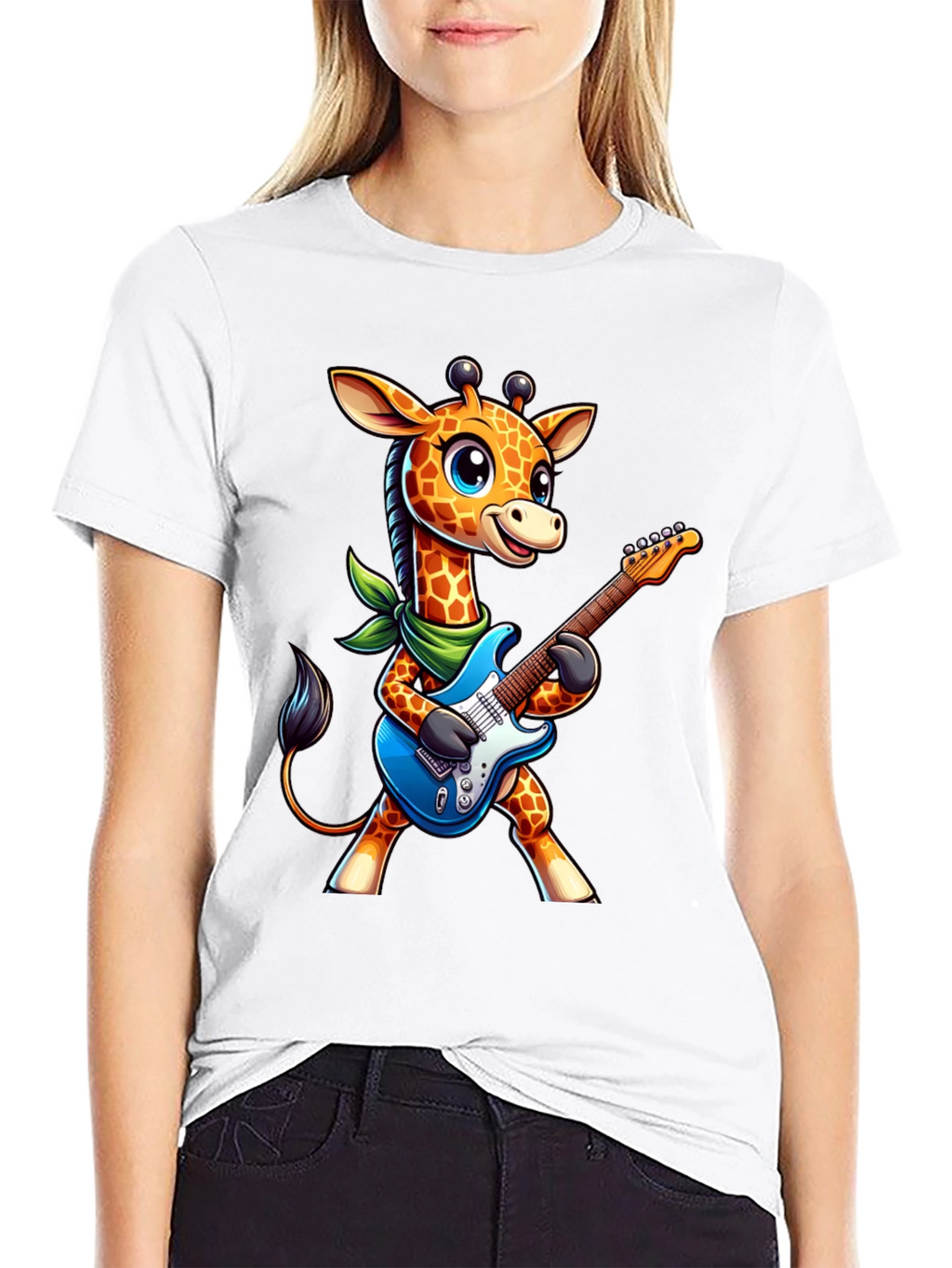 Giraffe Guitarist Tee - Cartoon Animal Rock Star Shirt