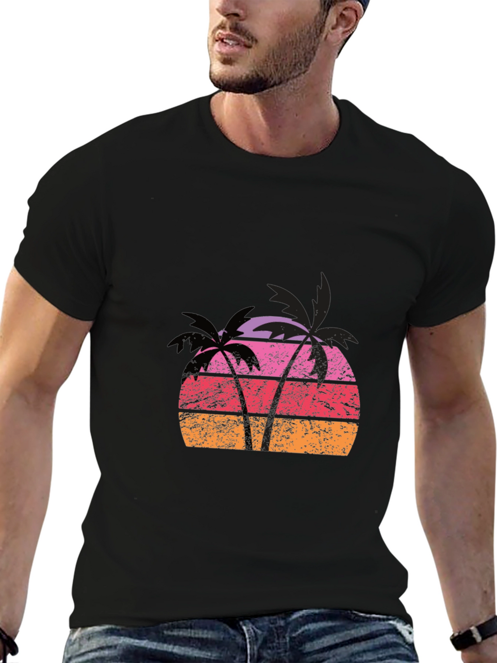 Retro Palm Tree Sunset Graphic Tee - Black