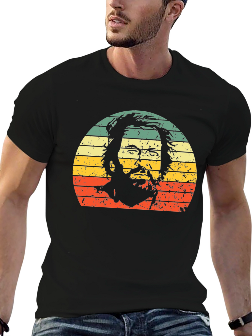 Retro Bearded Man Sunset Graphic Tee - Black