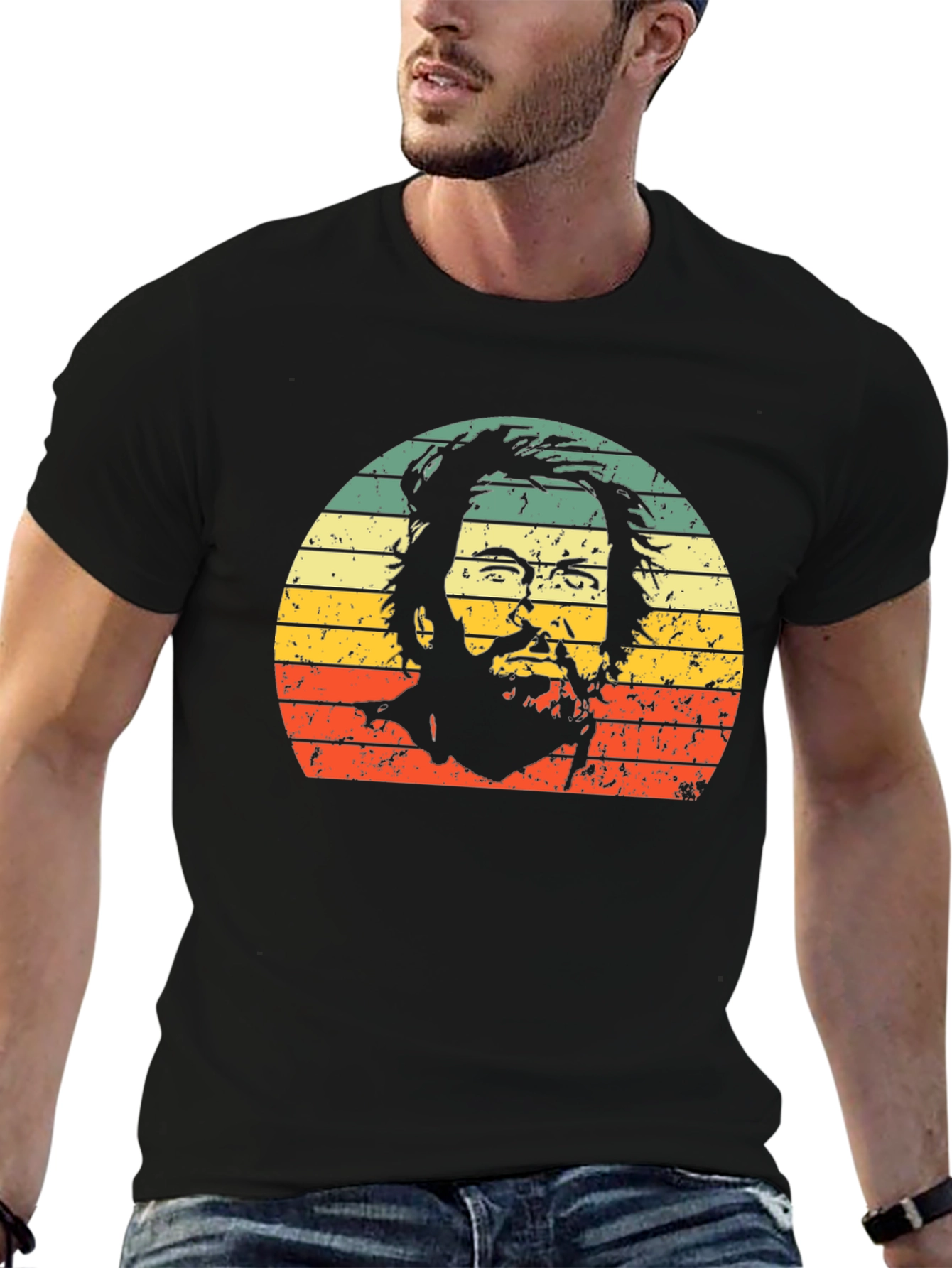 Retro Bearded Man Sunset Graphic Tee - Black