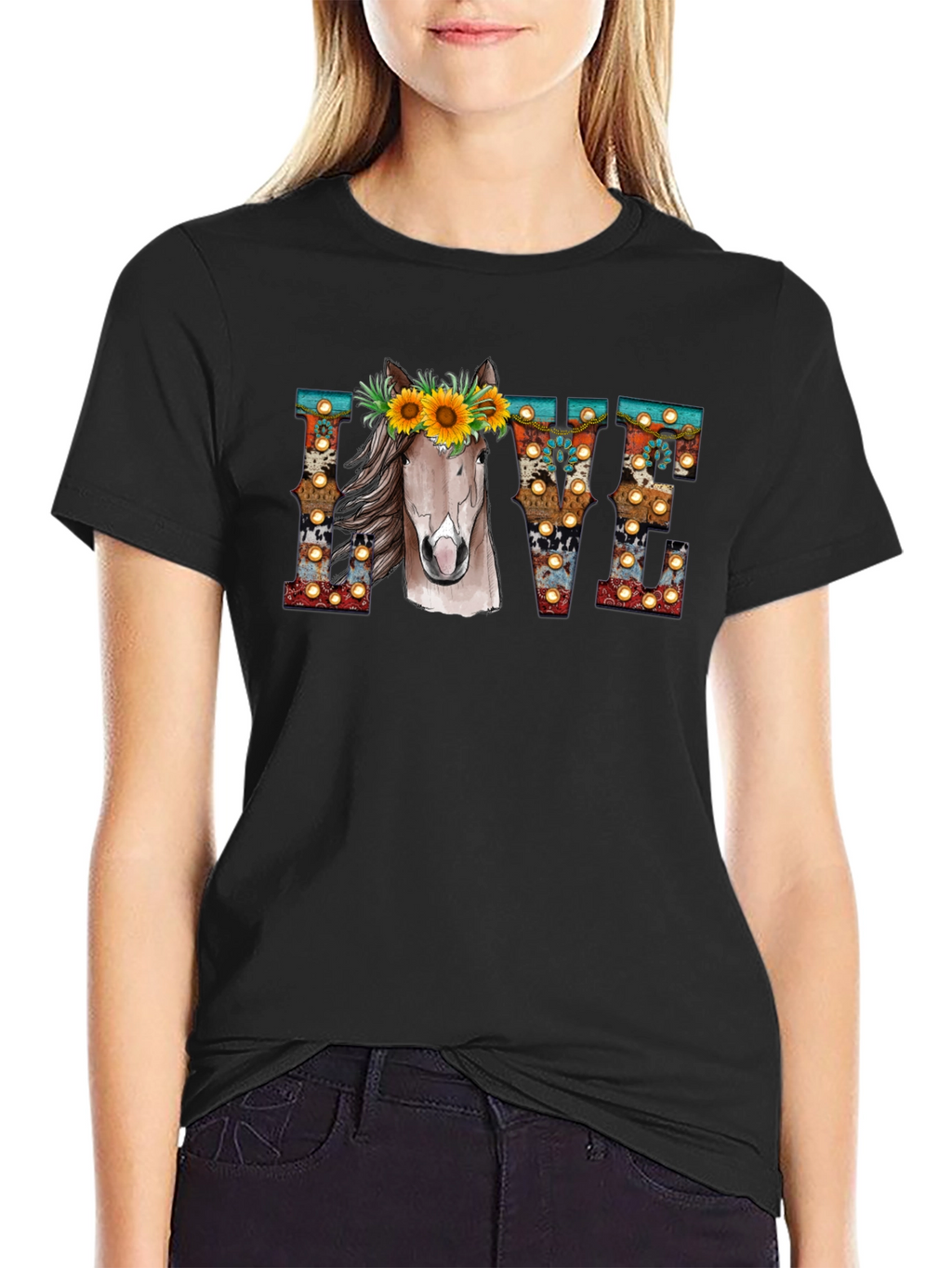 LOVE Horse Sunflower Graphic T-Shirt