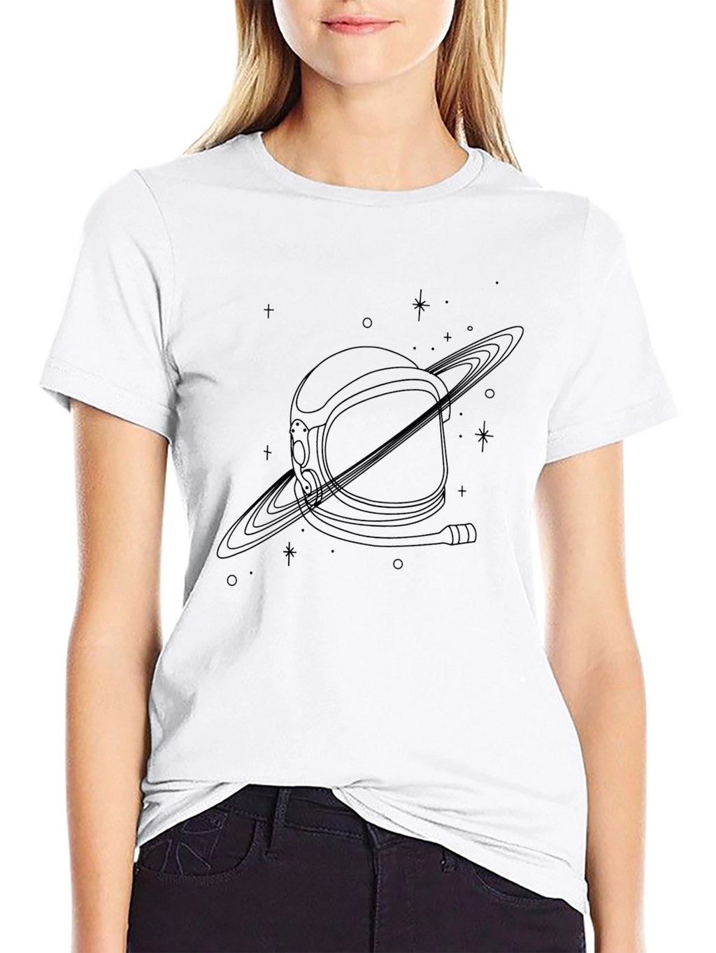 Astronaut Helmet Saturn Graphic Tee - Black
