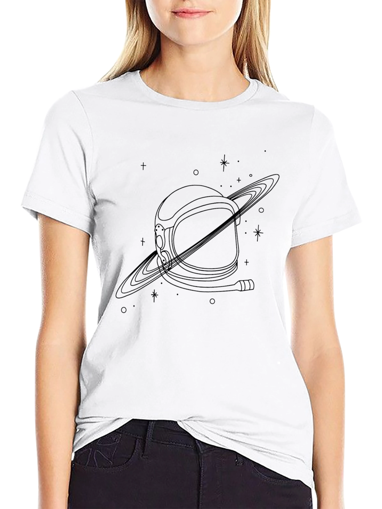 Astronaut Helmet Saturn Graphic Tee - Black