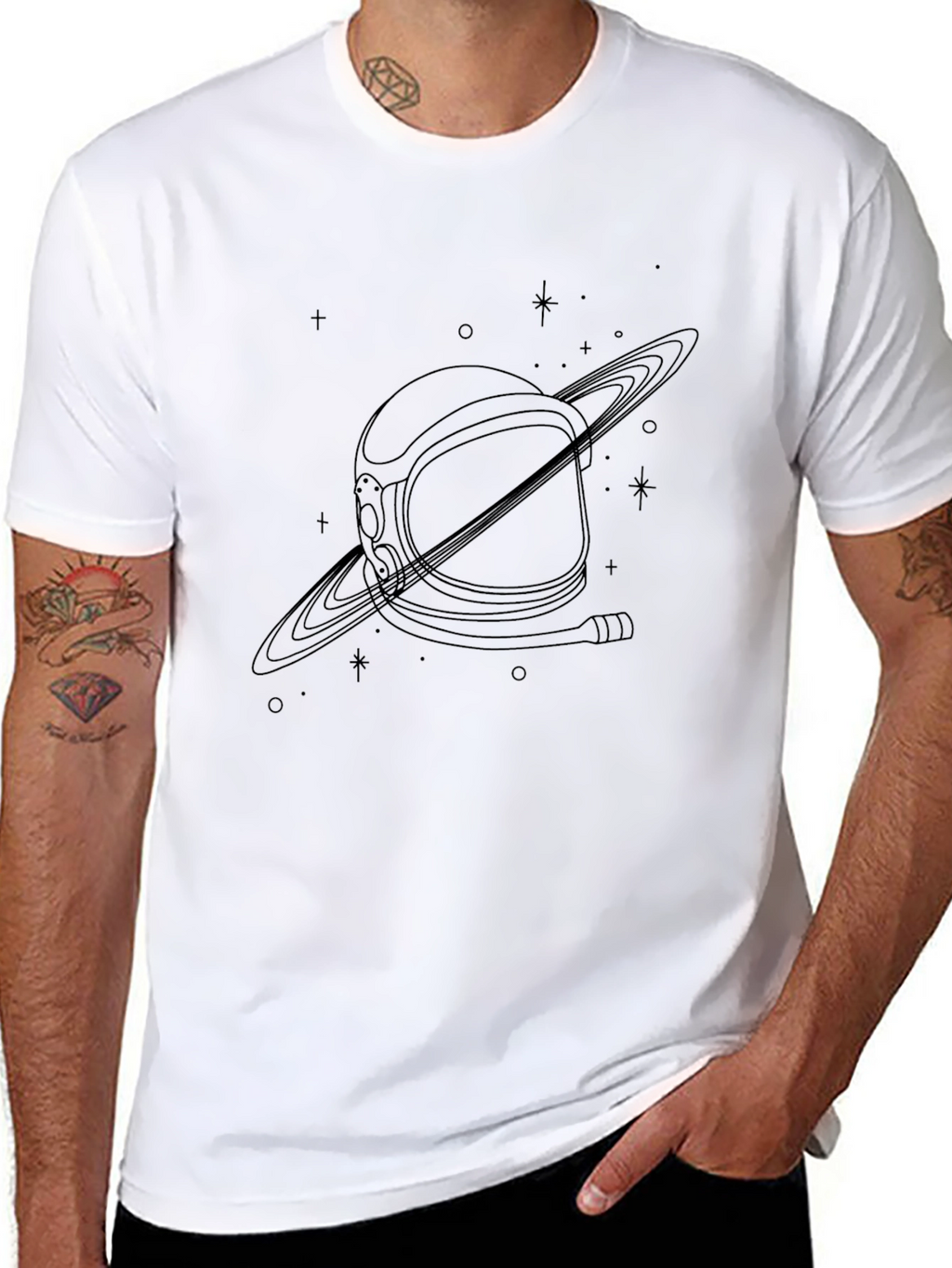 Astronaut Helmet Saturn Graphic Tee - Black