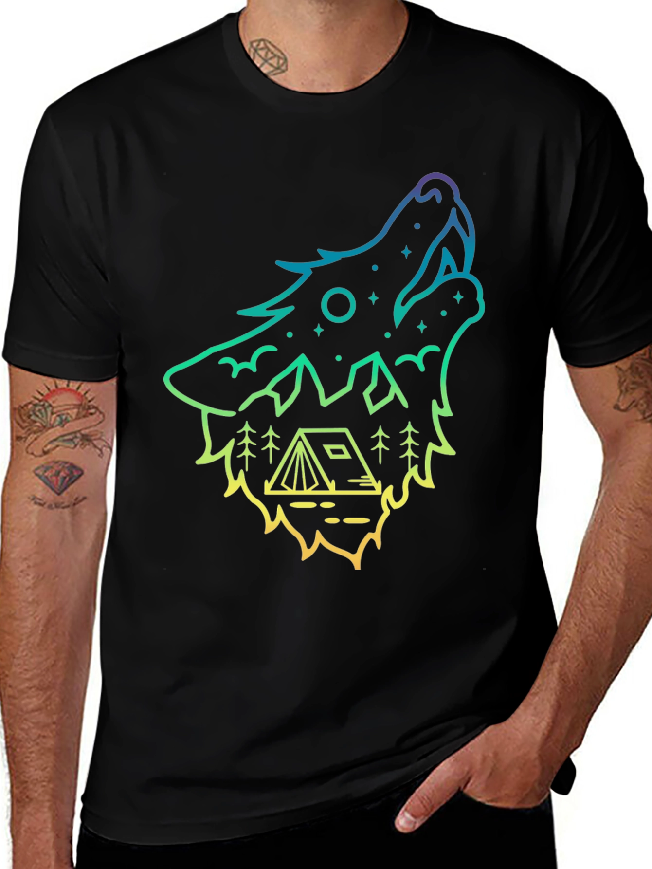 Wolf Howl Camping Tee - Gradient Outline Design