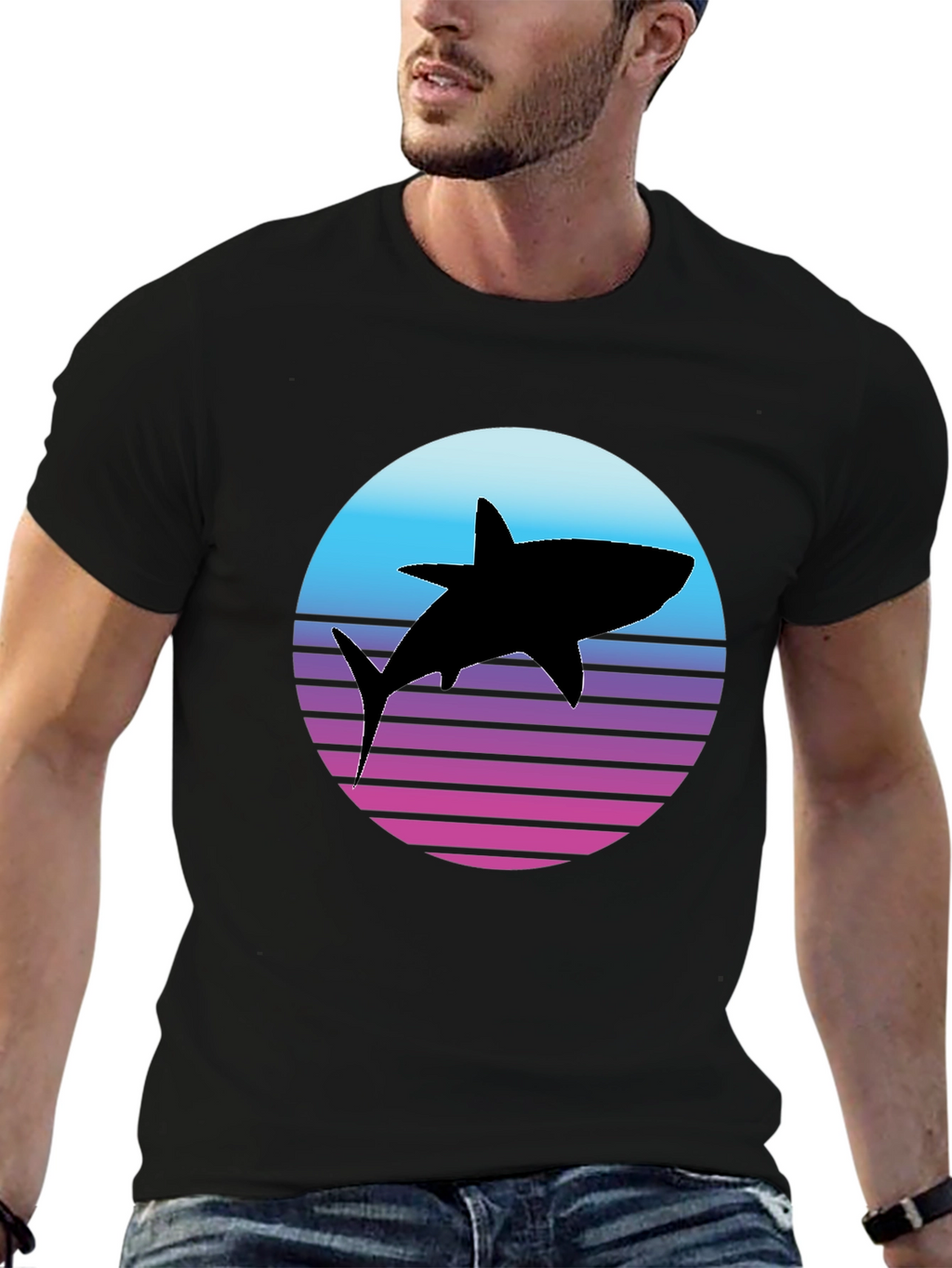 Retro Shark Graphic Tee - Black Cotton T-Shirt