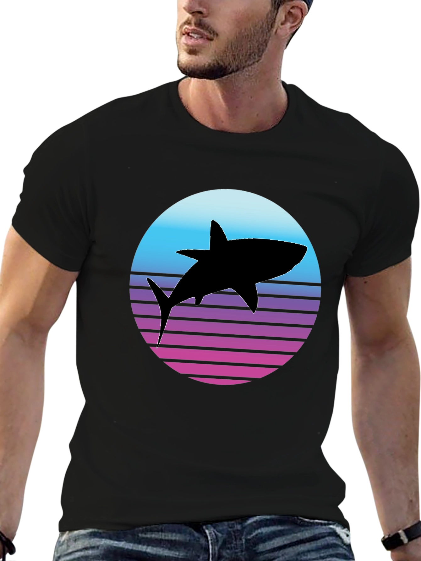 Retro Shark Graphic Tee - Black Cotton T-Shirt