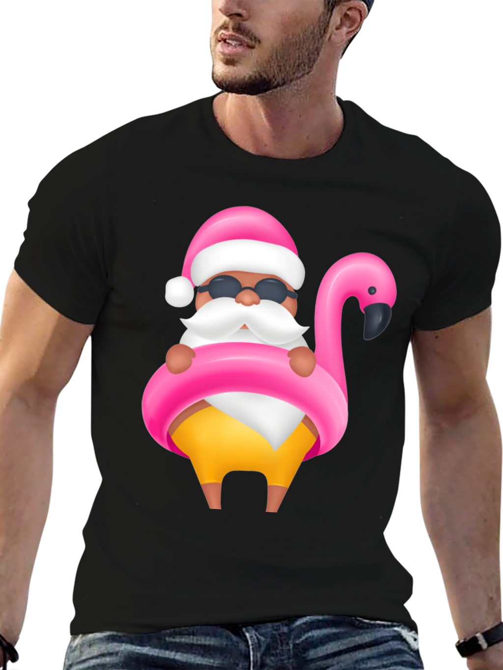 Santa Flamingo Black T-Shirt