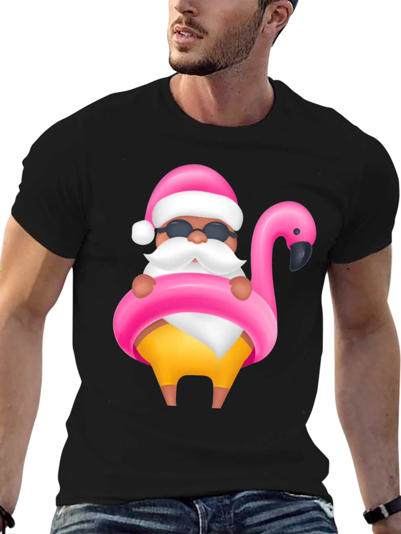 Santa Flamingo Black T-Shirt